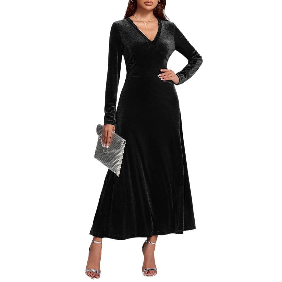 V Neck Velvet Dress | Long Sleeve Velvet Evening Dress 