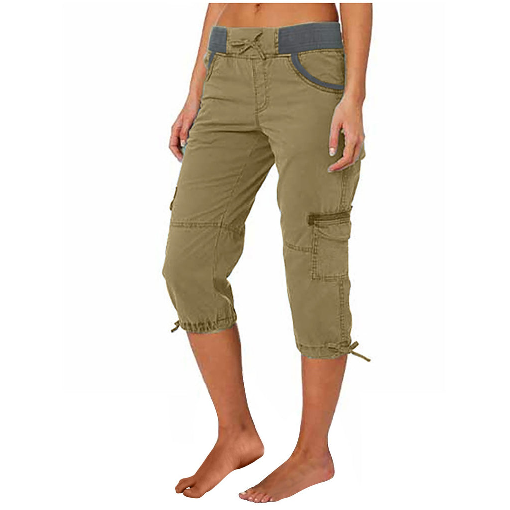 Olive green cargo capri pants on a white background