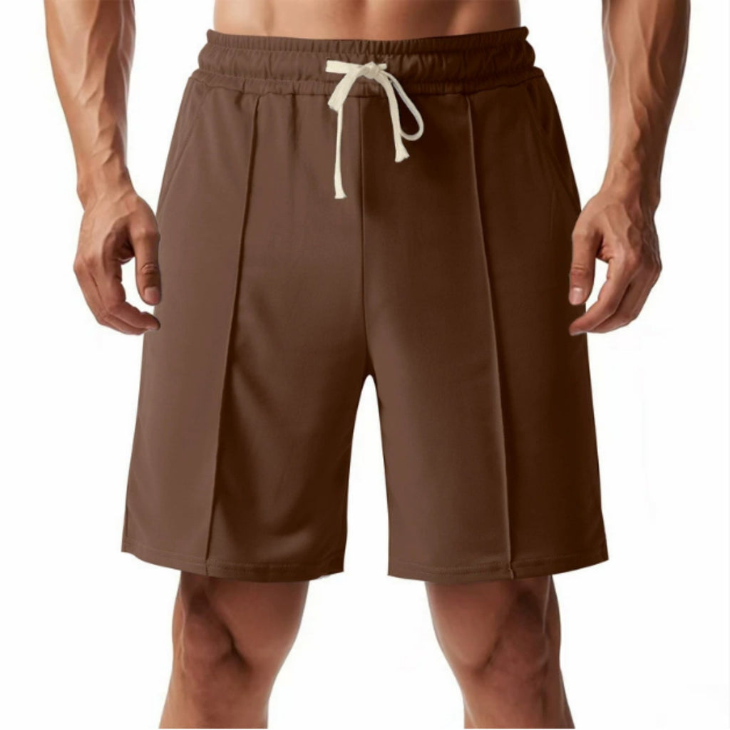 Brown shorts with a white drawstring on a white background