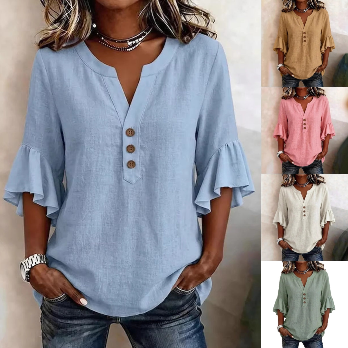 Woman wearing a blue blouse with ruffled sleeves and buttons, surrounded by other color options.