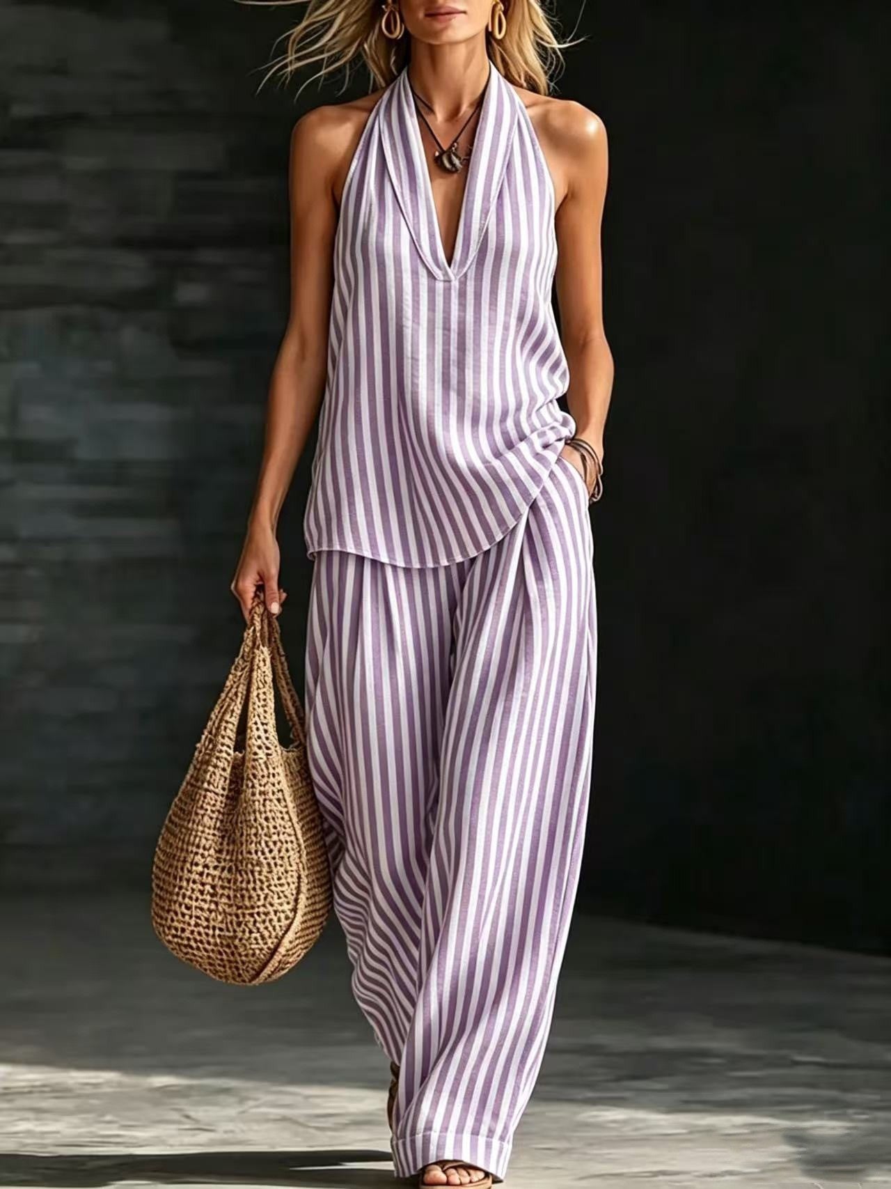 Striped Wide Leg Pants Set | Womens Co-Ord