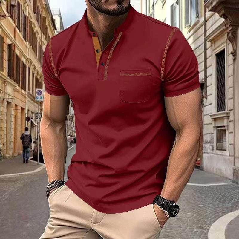 Trendy men's red short sleeve polo shirt from ZA-Zola, styled with beige trousers.