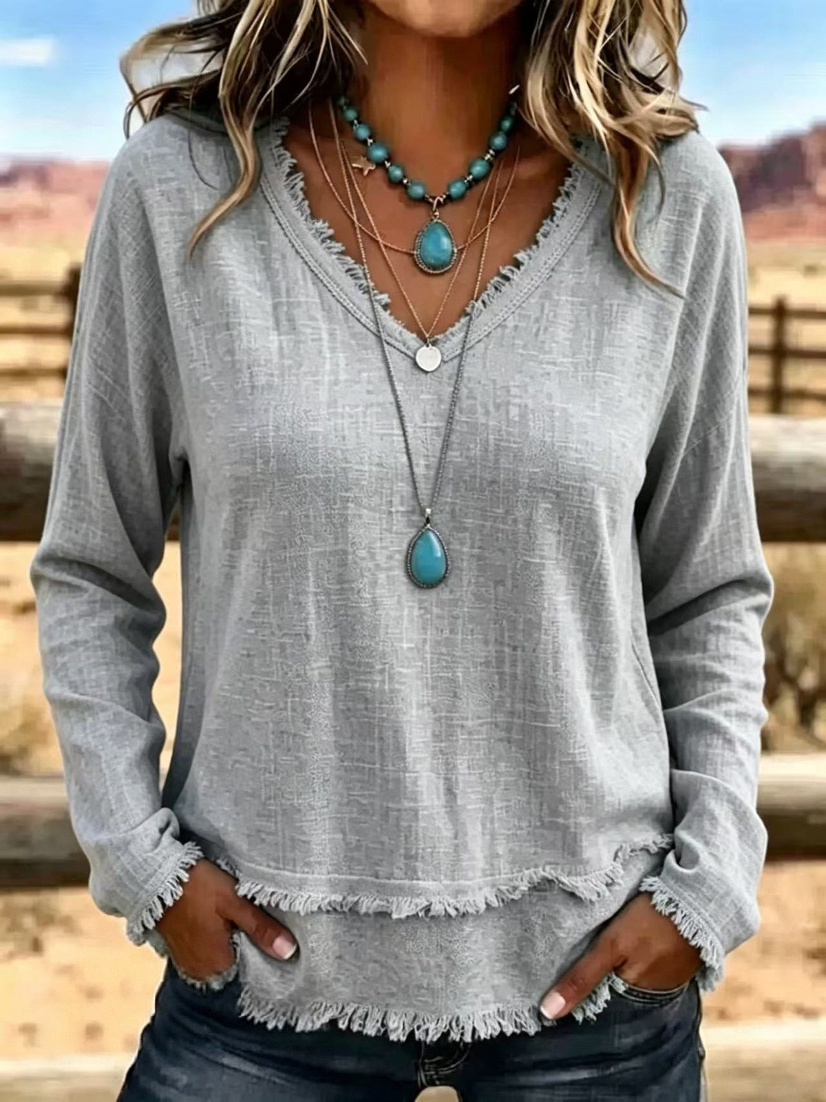 Women's V-Neck Long Sleeve Tassel Top | Casual Fit