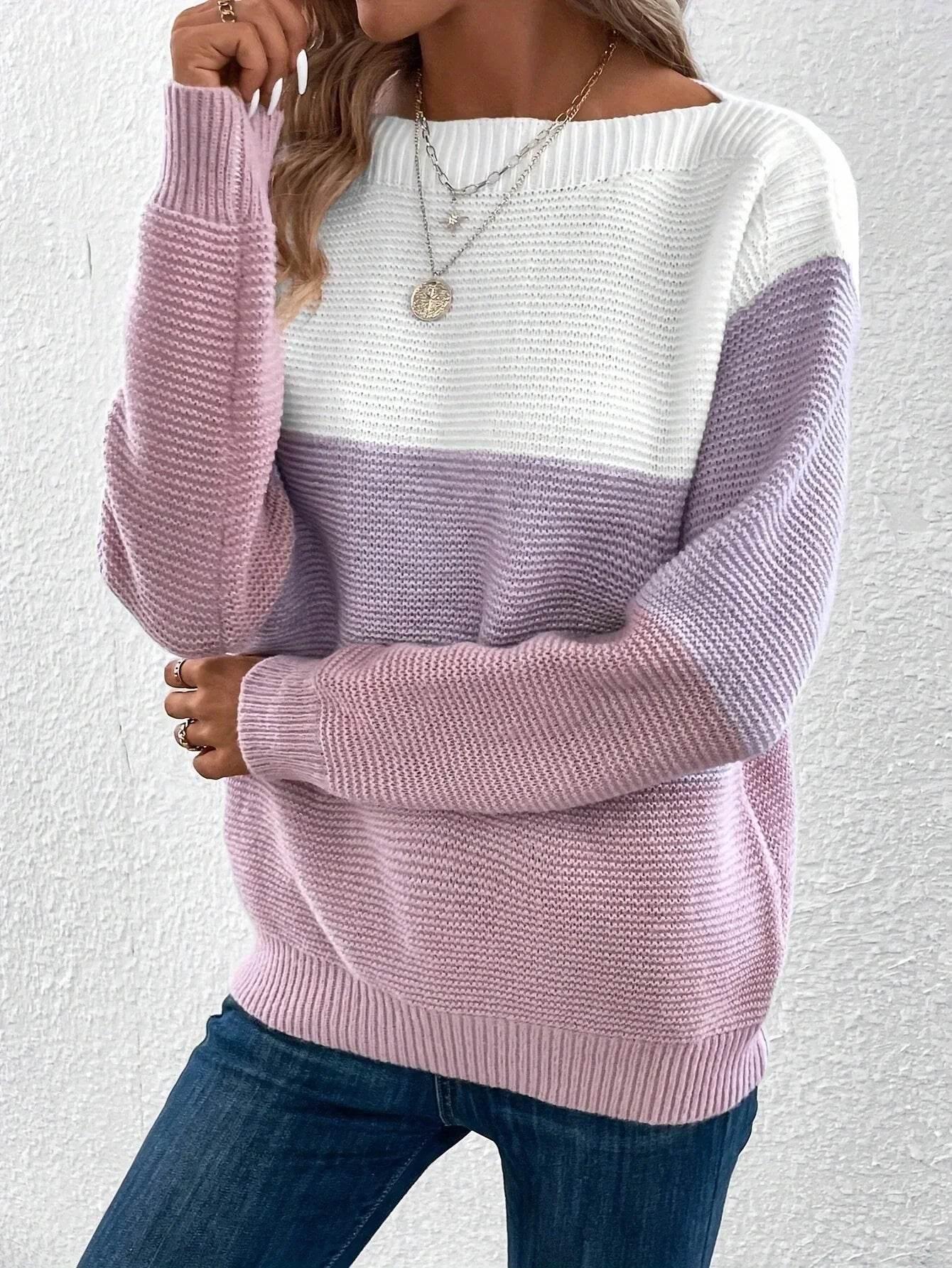 ZA-Zola Women's Round Neck Splicing Knit Sweater - ZA-Zola
