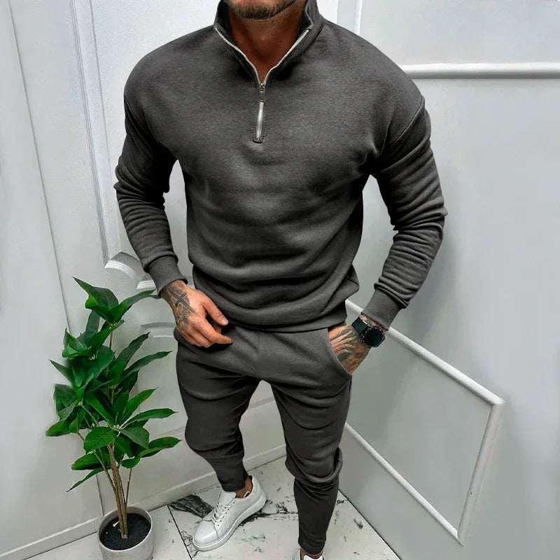 Men’s Casual Fleece Suit – Solid Color Top & Trousers - ZA-Zola