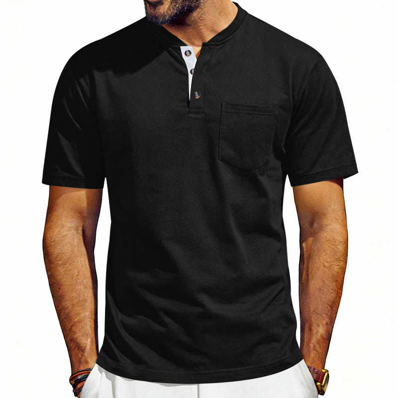 Black short-sleeve henley shirt worn by a person on a white background