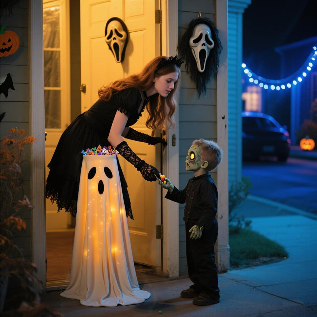 Woman and child in Halloween costumes standing outside a house with decorative lights and masks.