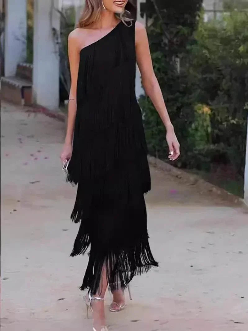 Women's Diagonal Collar Tassel A-Line Dress - ZA-Zola