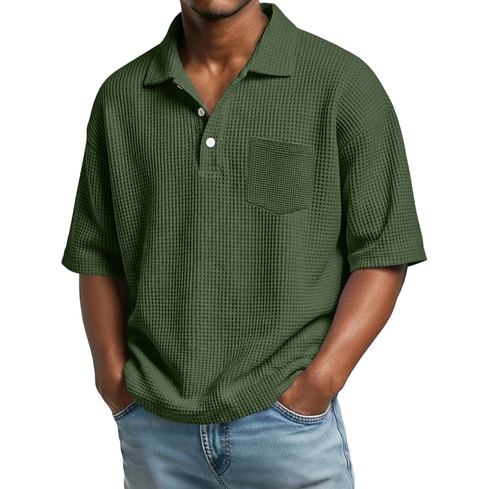 Man wearing a green checkered polo shirt on a white background