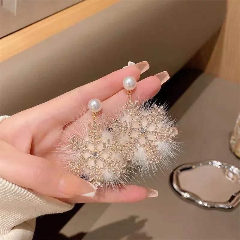 Christmas Snowflake Earrings – Zircon & Pearl Festive Jewelry - ZA-Zola