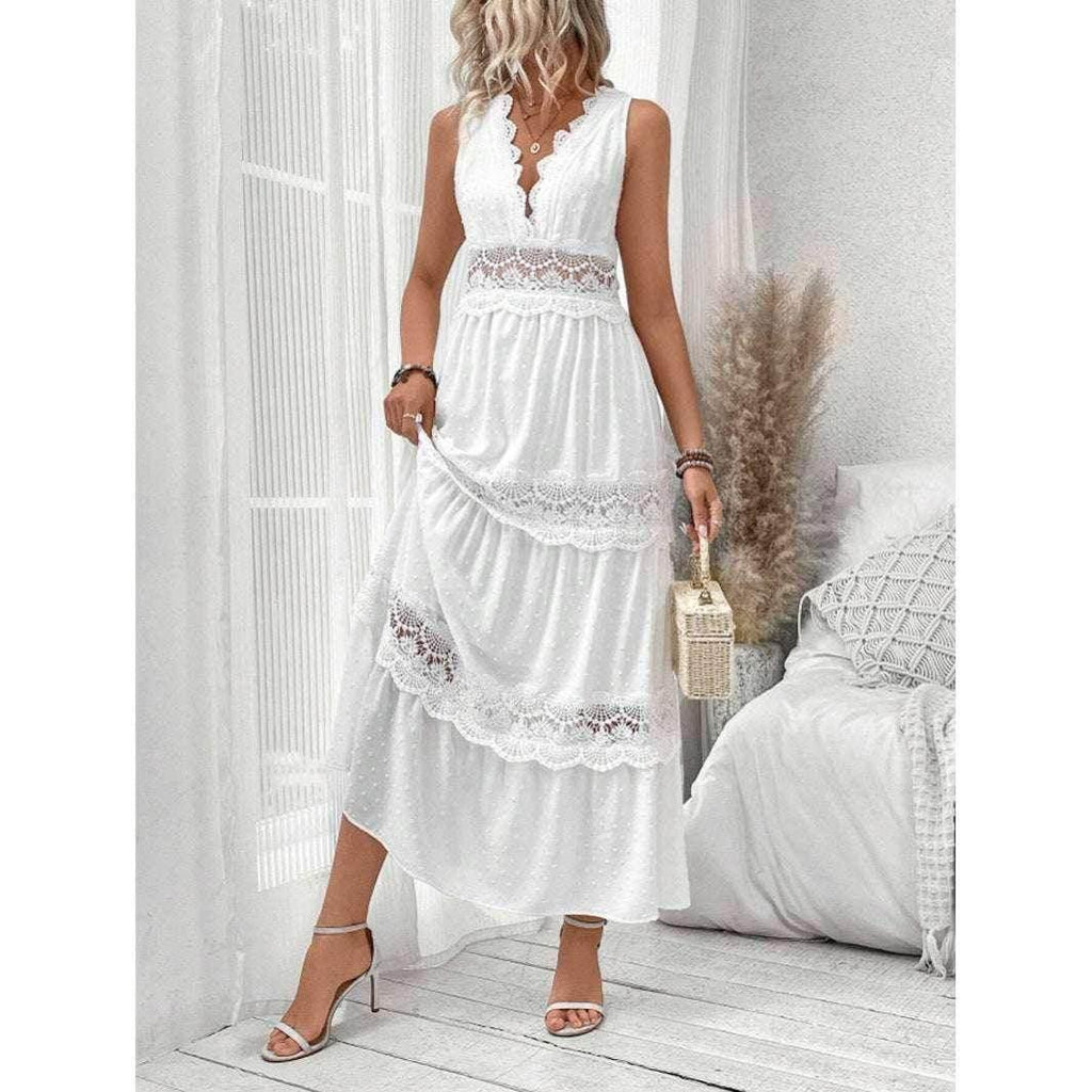Lace V-Neck Sleeveless Long Summer Dress – White - ZA-Zola
