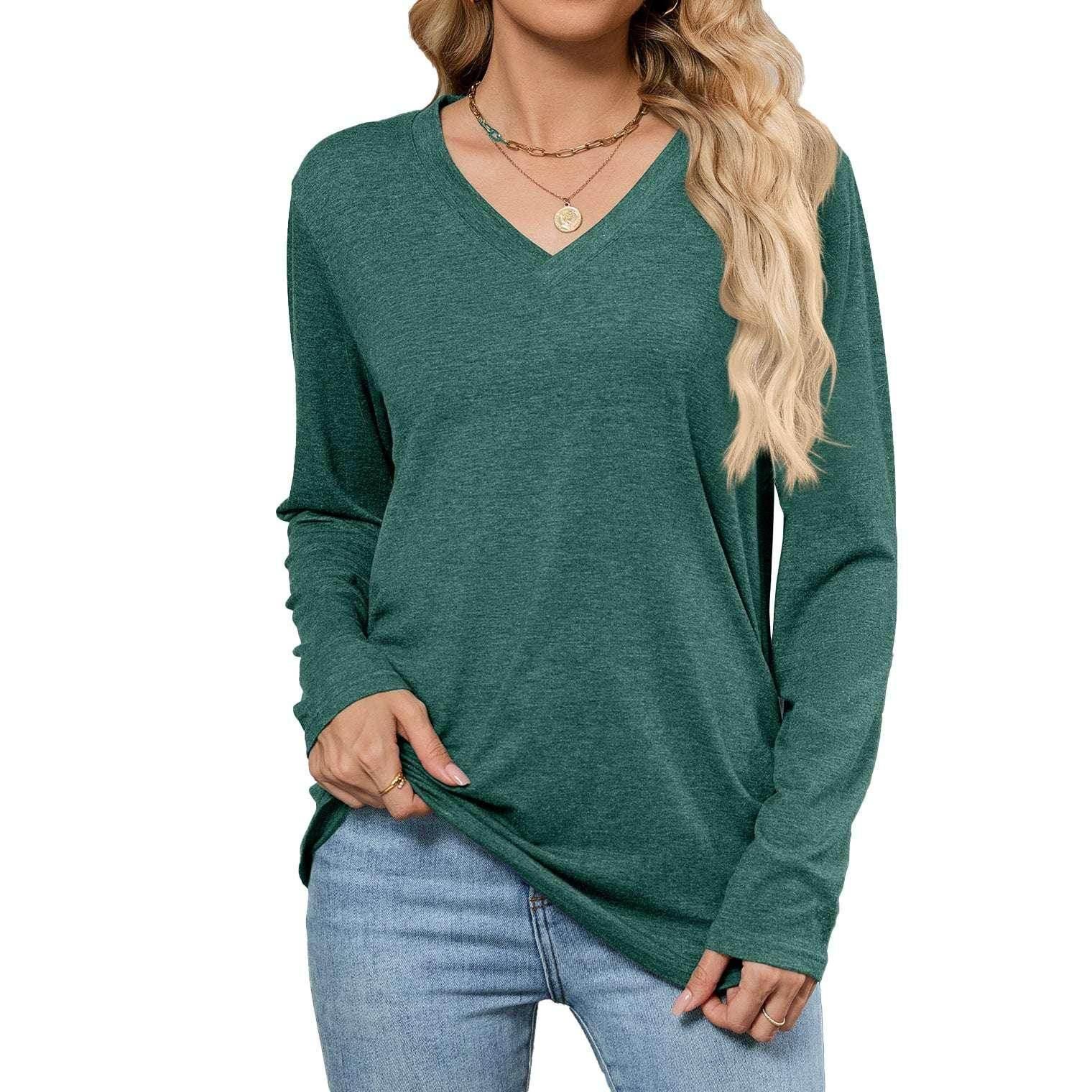 Loose V-Neck Pullover Long Sleeve T-Shirt - ZA-Zola