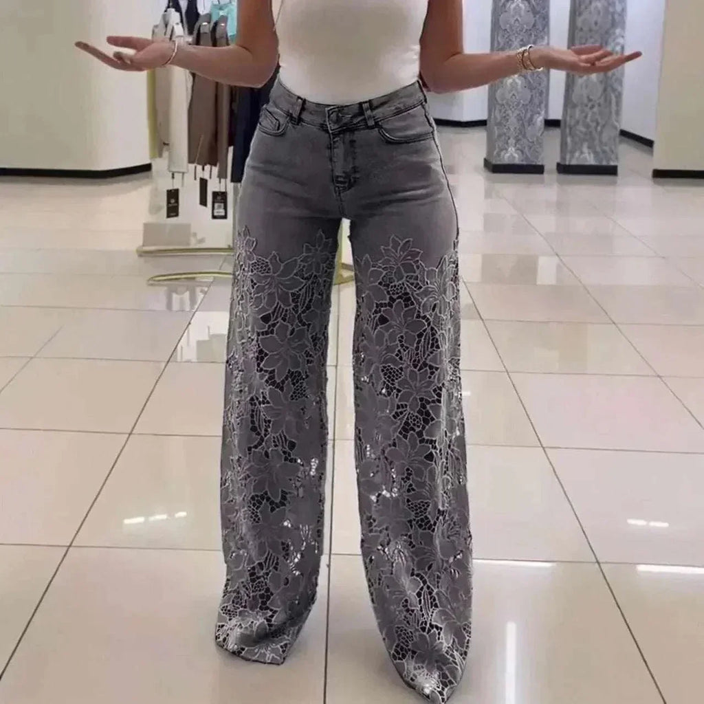 Y2K Lace Hollow Wide Leg Jeans – High Waist Fit - ZA-Zola