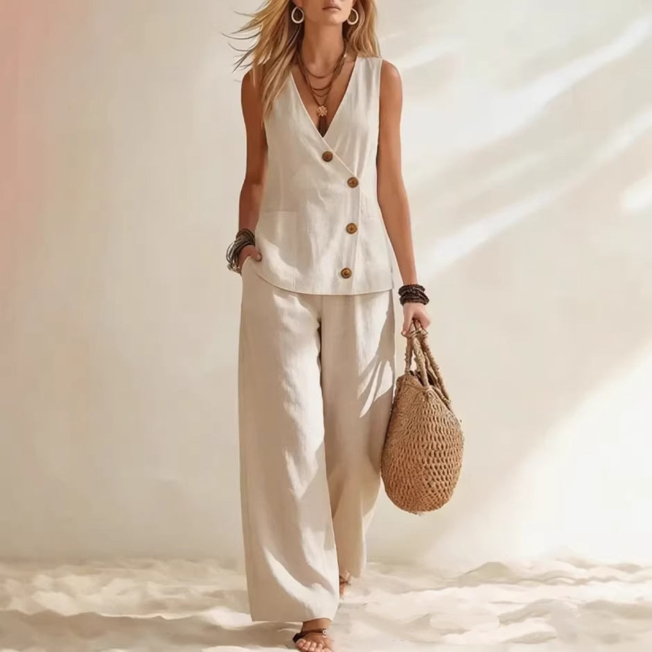 Button Up Cardigan Vest Pants Set | Womens