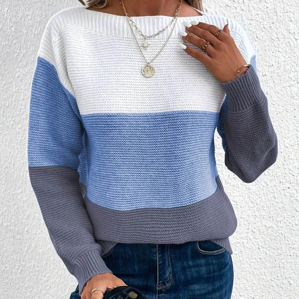 ZA-Zola Women's Round Neck Splicing Knit Sweater - ZA-Zola