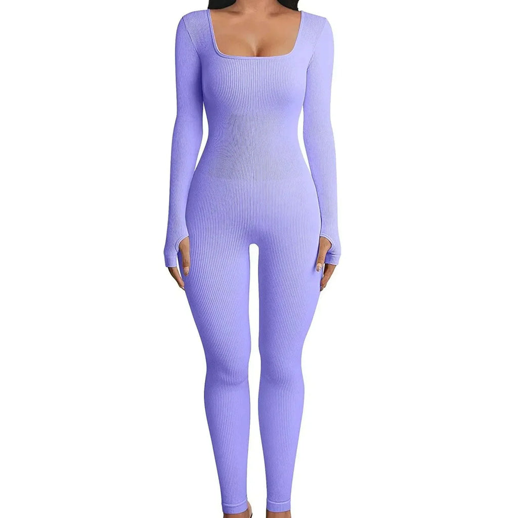 Women Yoga Jumpsuit Square Neck Long Sleeve One-Piece - ZA-Zola