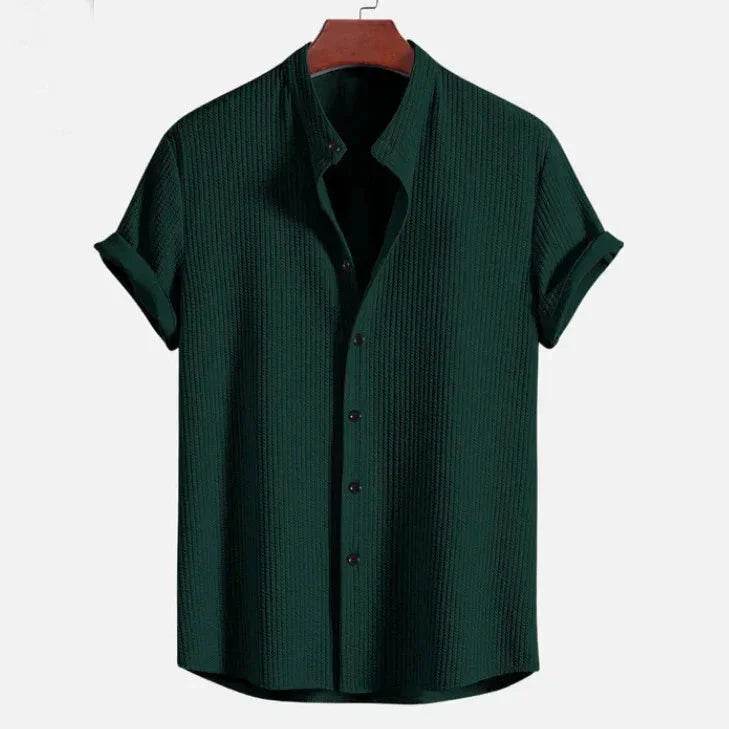 Men's dark green textured short sleeve shirt on hanger, ZA-Zola trendy fashion style