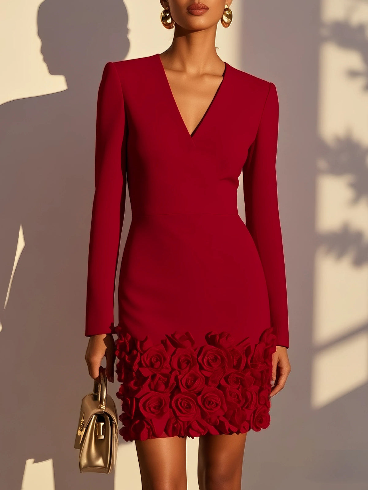 A woman models a fitted long-sleeve red mini dress with a deep V-neck and a rose-patterned hem, holding a small metallic gold handbag against a sunlit beige wall with leaf shadows.