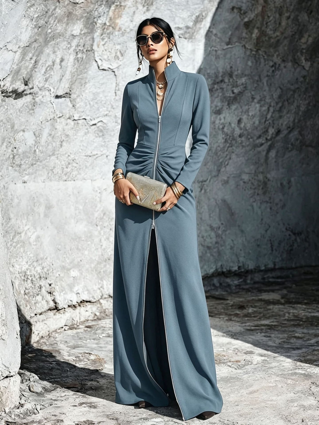 A woman stands outdoors against a textured stone wall wearing a floor-length blue-gray maxi dress with a high collar, front zipper, long sleeves, and a front slit. She is holding a metallic clutch and wearing gold jewelry and sunglasses.