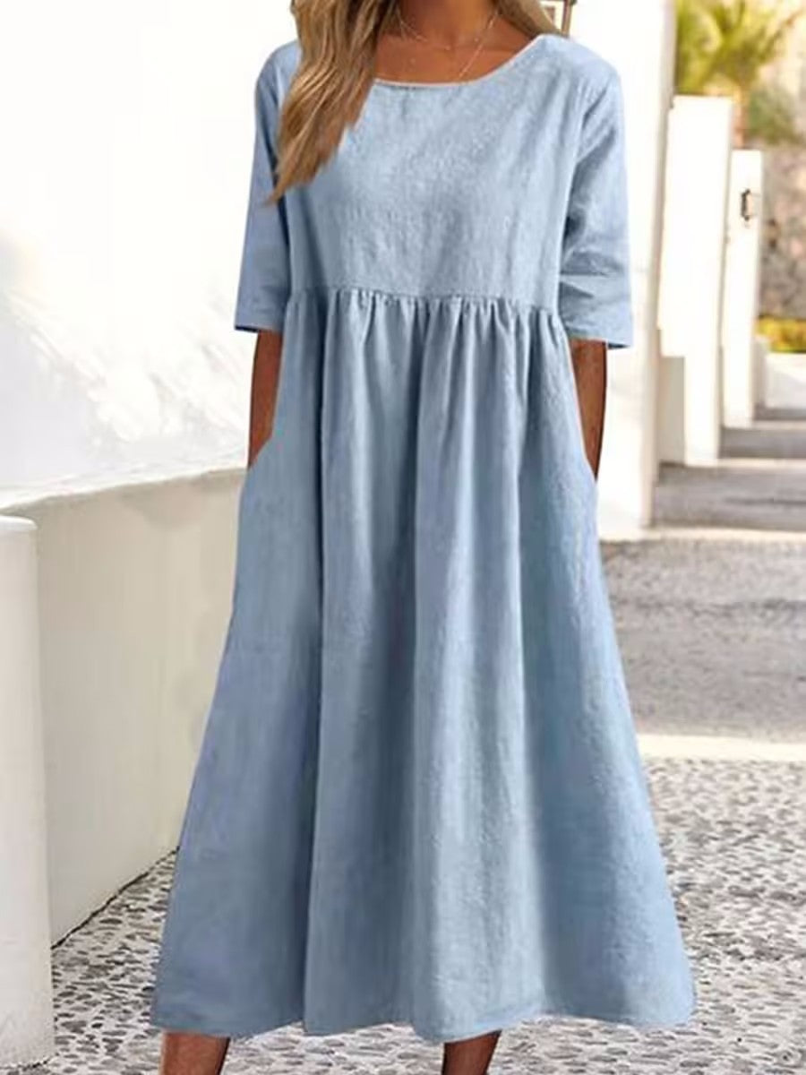 Women’s Casual Cotton Linen Short Sleeve Pocket Dress