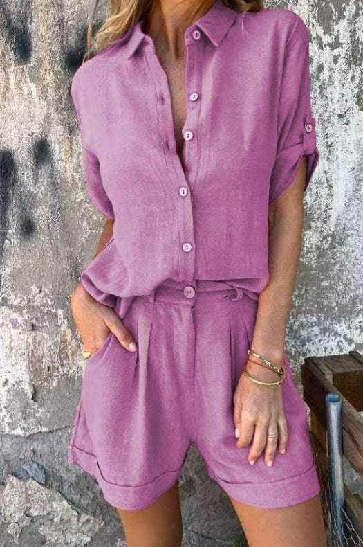Woman wearing a trendy lilac button-up shirt and shorts set from ZA-Zola, casual outdoor style.