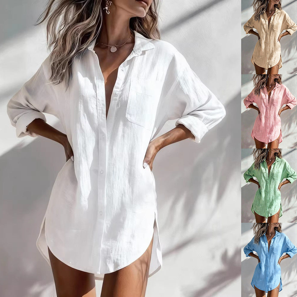 Woman wearing a white button-up shirt with color options displayed.