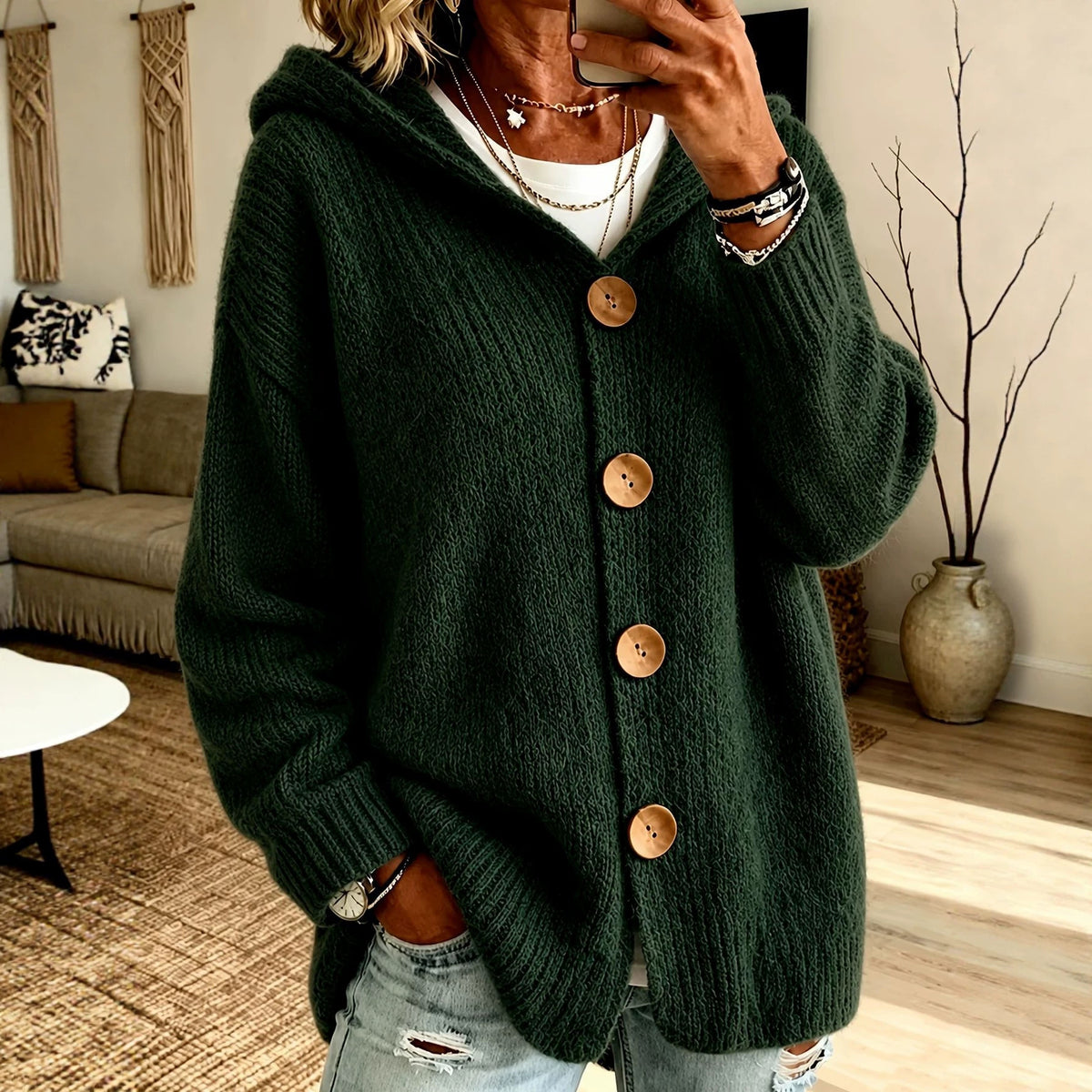 Hooded Cardigan Sweater Jacket With Four Buttons