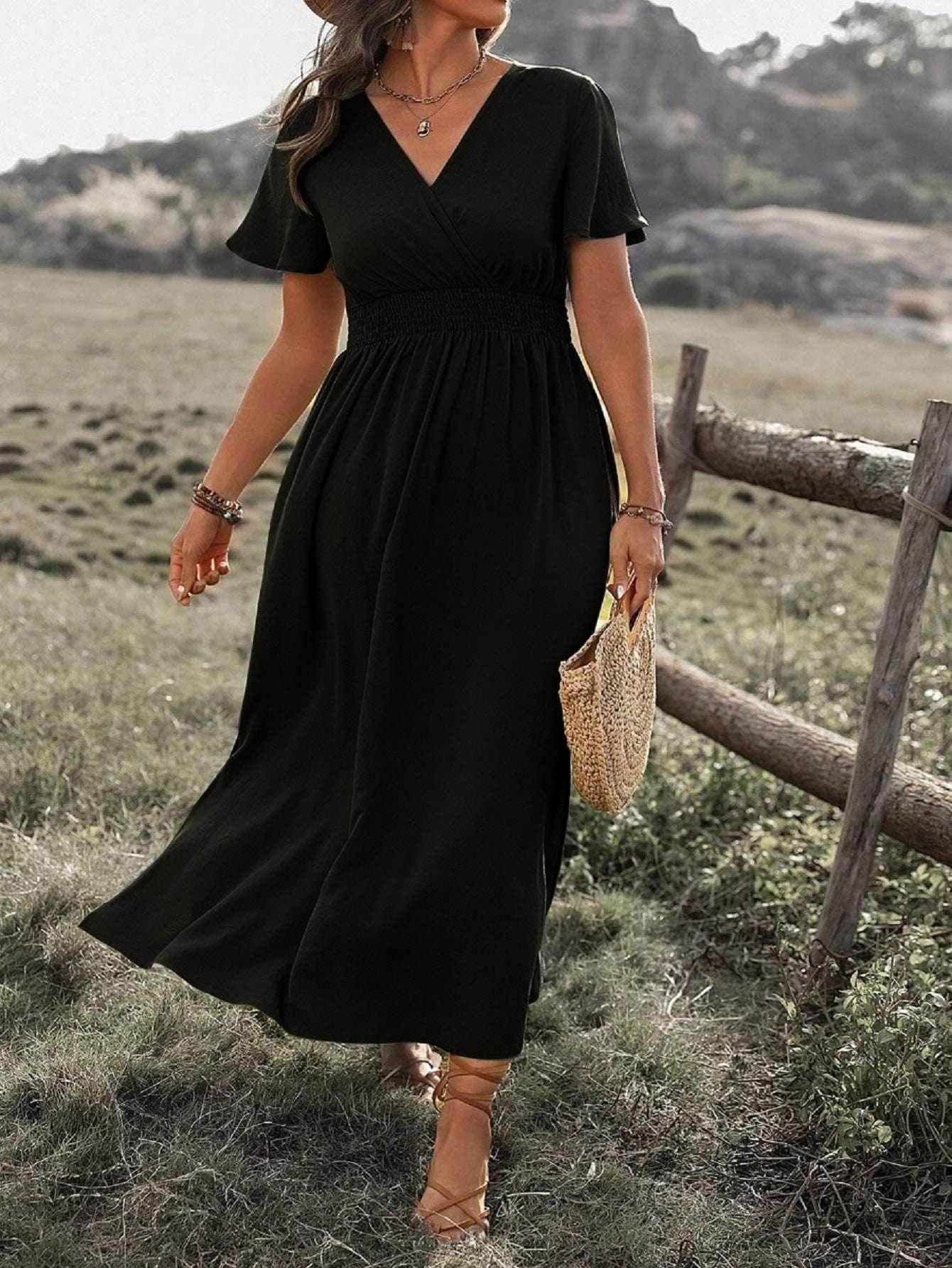 Elegant V-Neck Bell Sleeve Long Slit Dress - ZA-Zola