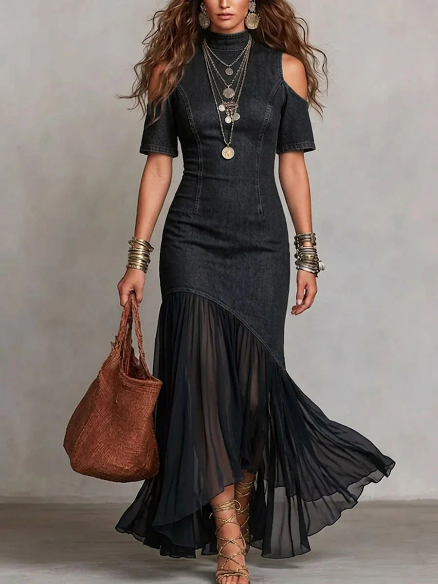 Off Shoulder Mesh Hem Dress Colors Dark Blue Blue Black Women