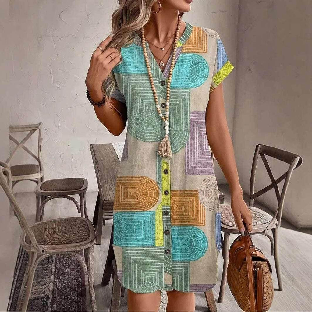Elegant 3D Printed V-Neck Linen Button Dress - ZA-Zola