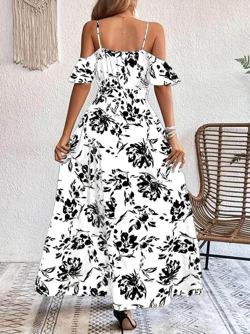 Ins Off-Shoulder Split Dress – Floral Summer Suspender Maxi with Belt - ZA-Zola