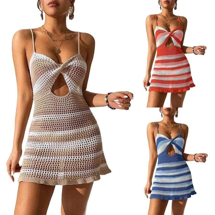 Striped Crochet Spaghetti Strap Mini Dress - ZA-Zola