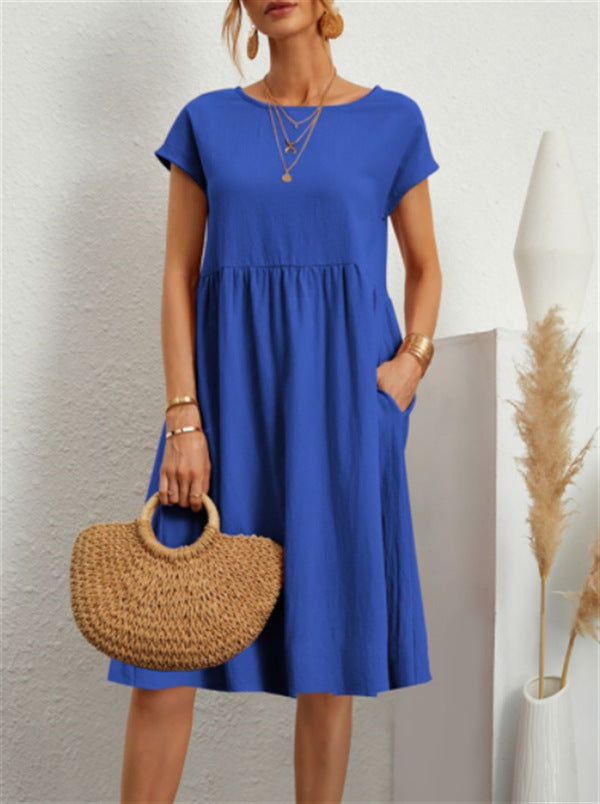 Summer Short Sleeve Round Neck A-Line Dress With Pockets Women Solid Casual Cotton Summer Dress