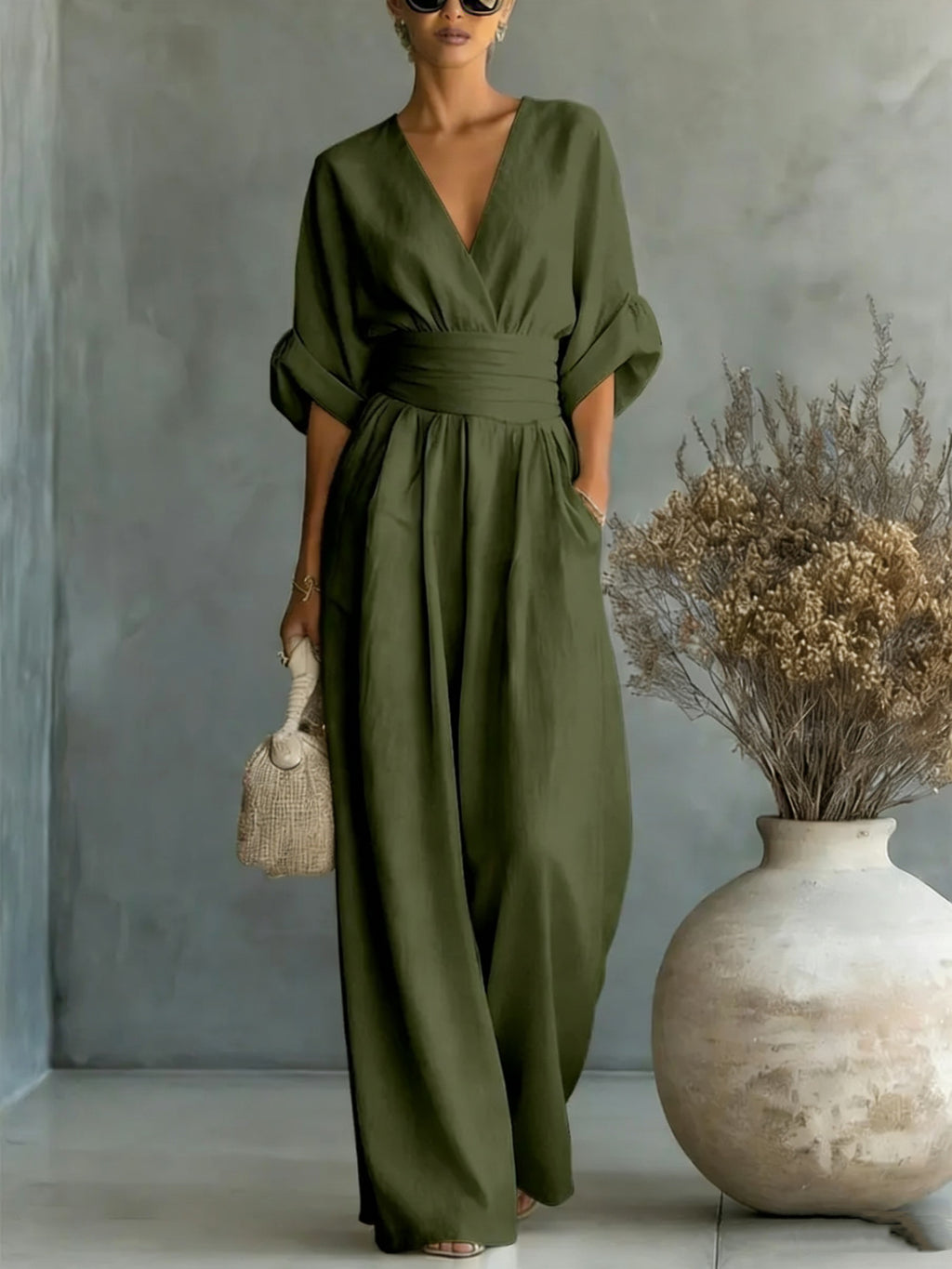 V Neck Wide Leg Jumpsuit – Short Sleeve Elegant Summer Casual Women Outfit