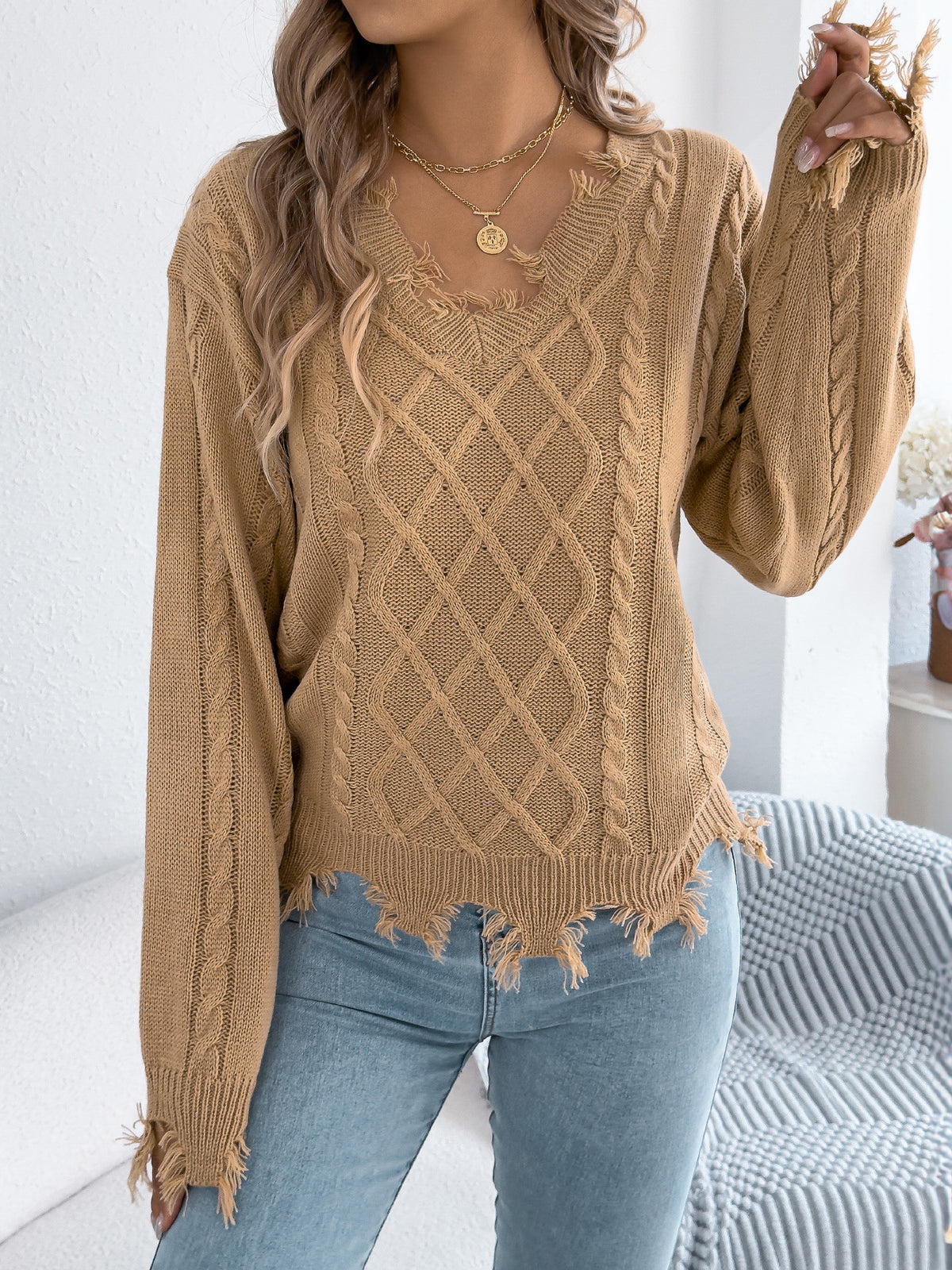 V-Neck Cable Knit Sweater for Women | Long Sleeve