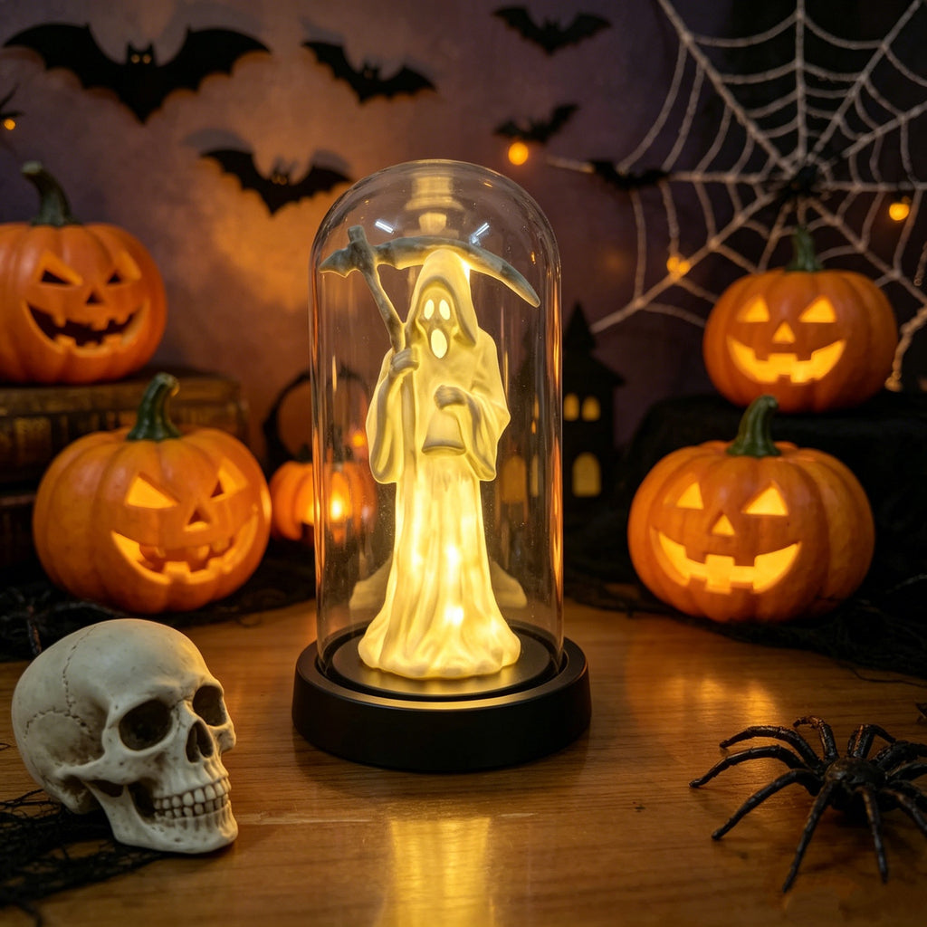 A Halloween-themed decorative scene with a glowing ghost figure inside a clear glass dome on a black base, surrounded by jack-o'-lanterns, a skull, a spider, and spiderwebs in a dimly lit setting.