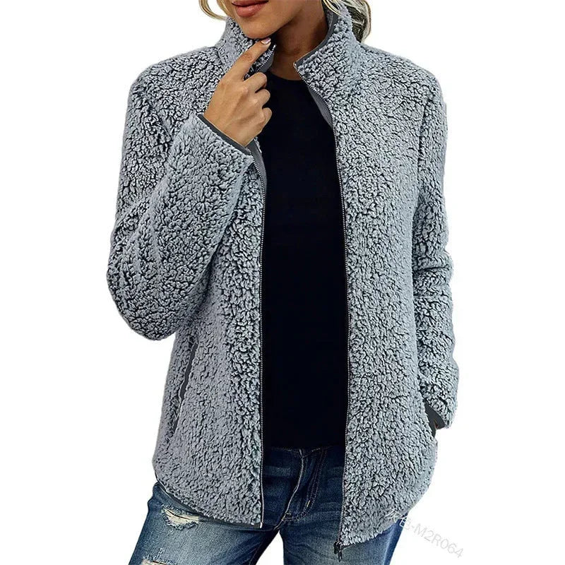 Women Bubble Velvet Sweatshirt – Warm Zipper Stand Collar Top - ZA-Zola