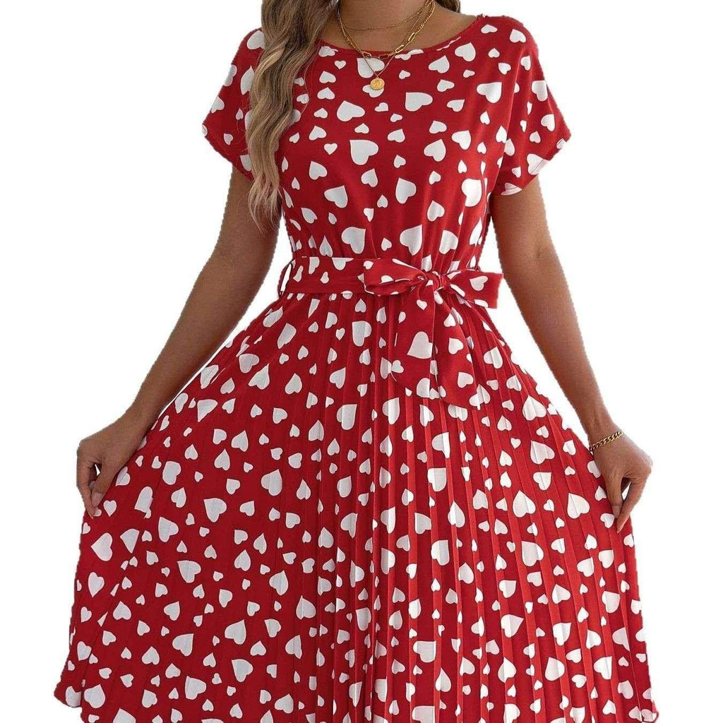 Pleated Heart Print Casual Dress – Mid Length - ZA-Zola