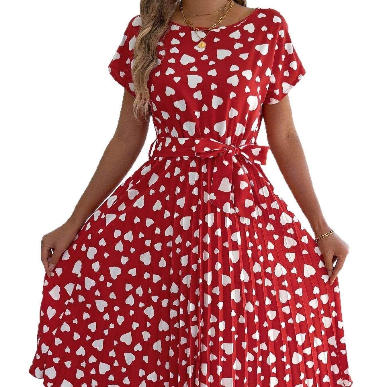 Pleated Heart Print Casual Dress – Mid Length - ZA-Zola