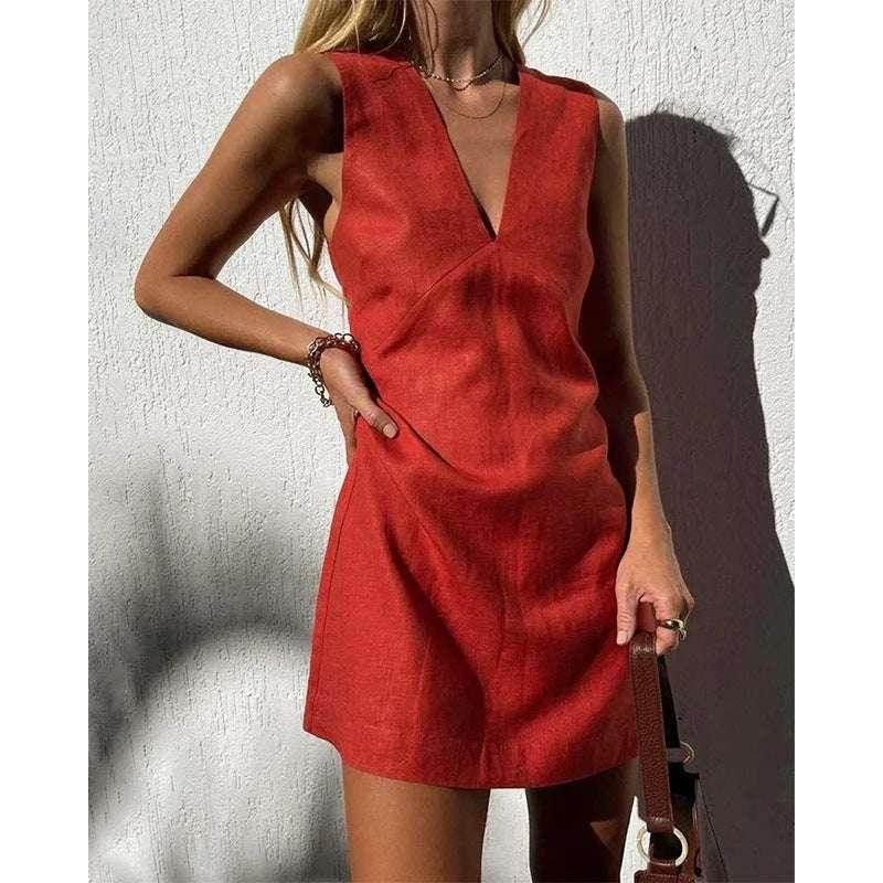 Women's V-Neck Cotton Linen Sleeveless Dress | ZA-Zola - ZA-Zola