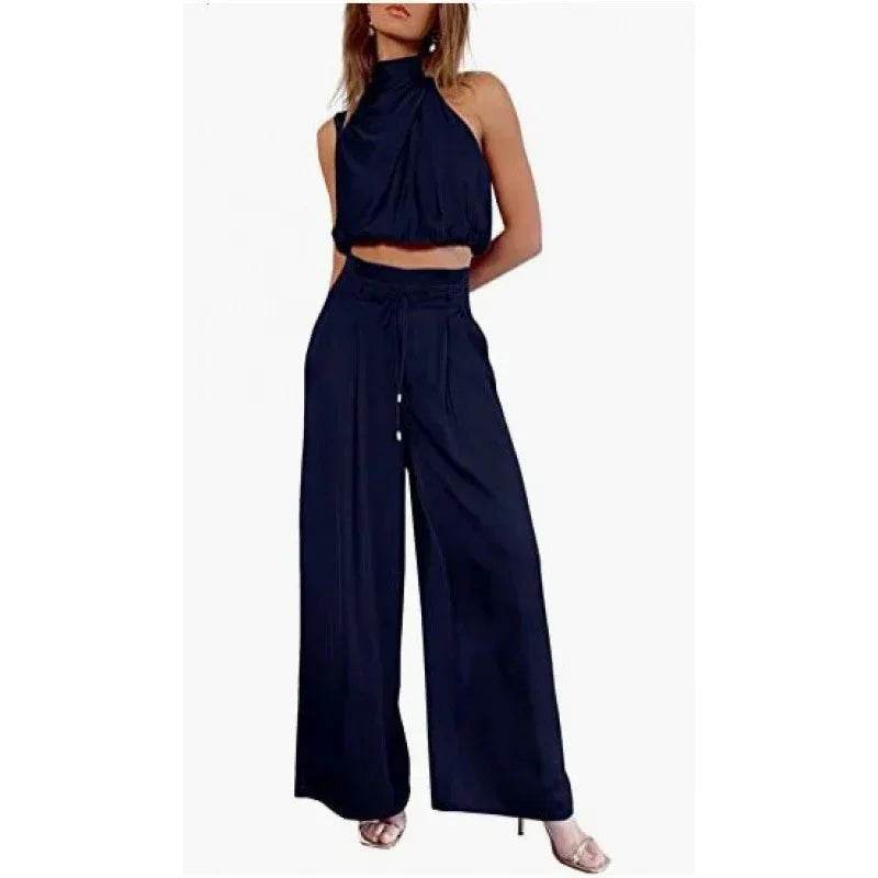 Woman wearing trendy navy blue two-piece wide-leg pants set from ZA-Zola fashion UK