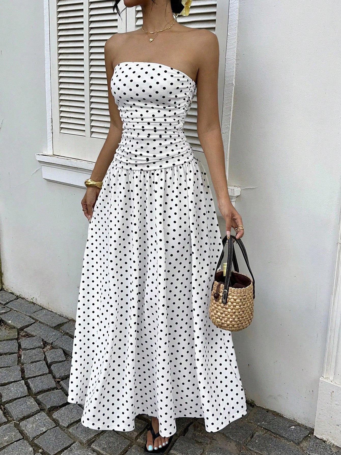 Elegant Polka Dot Off Shoulder Dress – Strapless High Waist Party Outfit