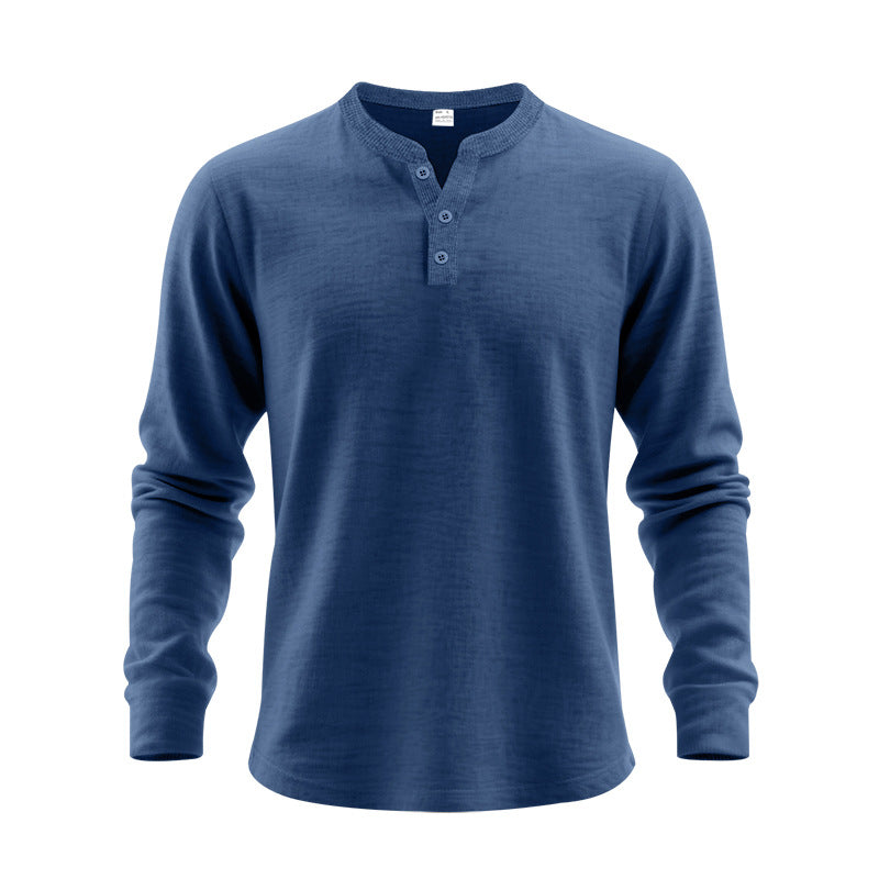 Blue long-sleeve henley shirt on a white background