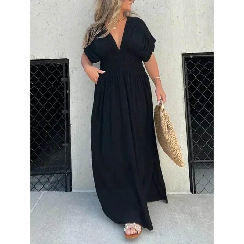 V-Neck Bat Sleeve Slit Dress – Summer Long Dress - ZA-Zola