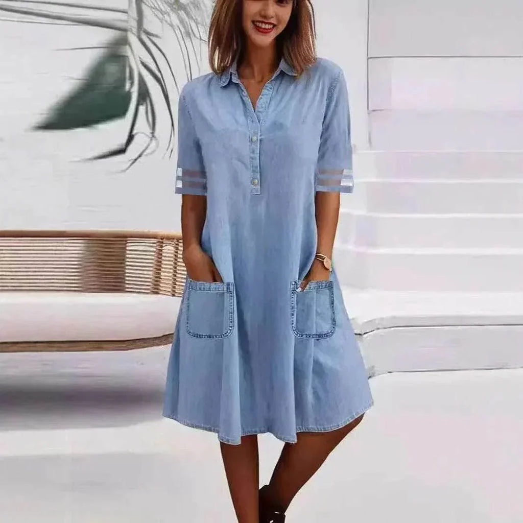 Denim Mesh Patchwork Dress – Chic & Casual Style - ZA-Zola