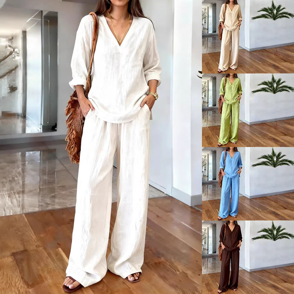 Woman wearing a white jumpsuit in an indoor setting with multiple color options shown.