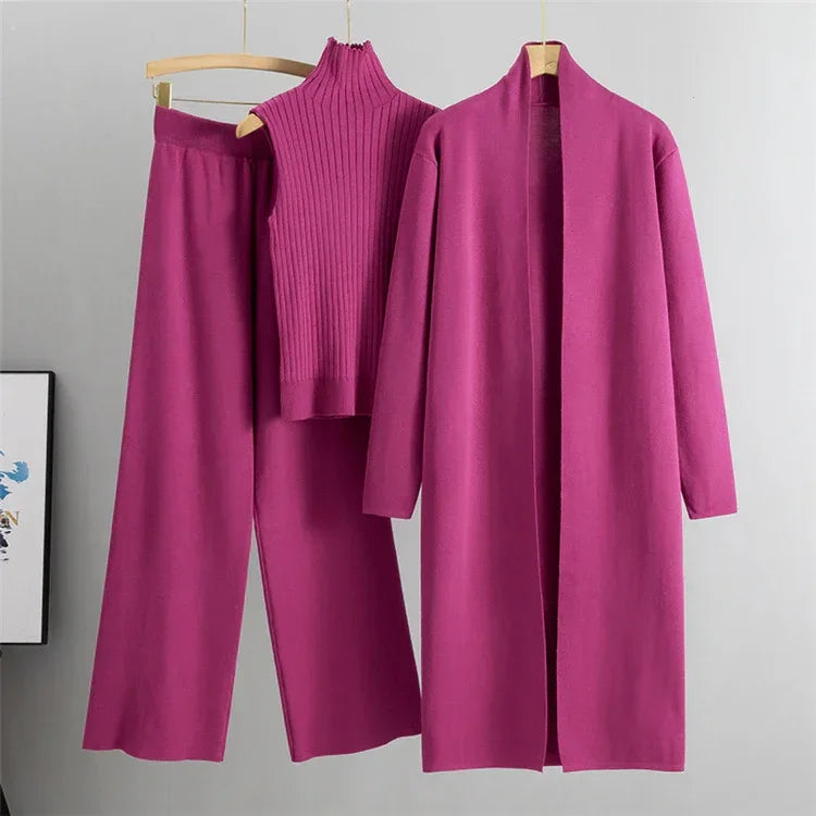 Women Knitted Three Piece Set – Stylish Vest, Cardigan & Pants Outfit - ZA-Zola