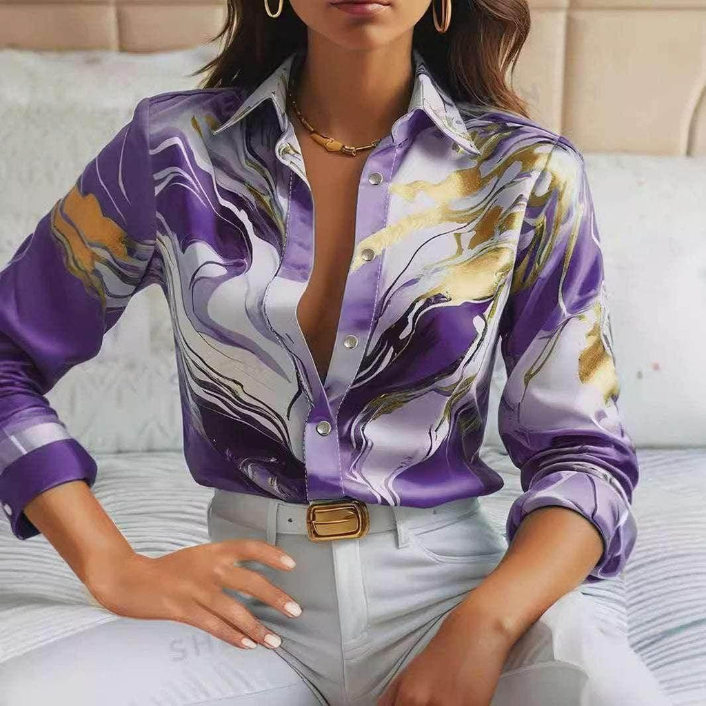 3D Pattern Lapel Button Shirt for Women - ZA-Zola