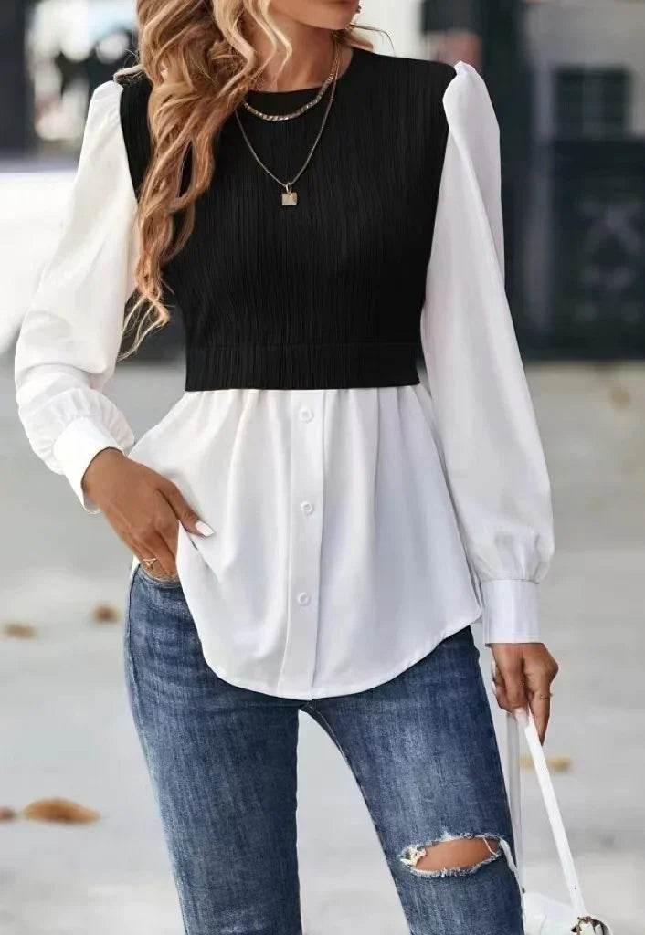 Wavy Stripe Stitching Blouse for Women - ZA-Zola