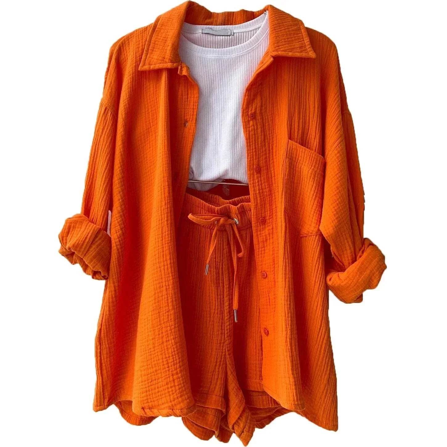 Bright orange shirt and shorts set with white ribbed top, trendy women's fashion from ZA-Zola UK